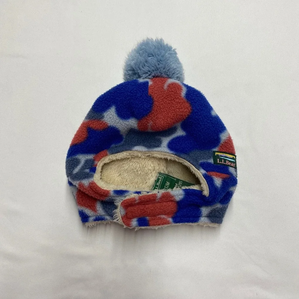 LL Bean Baby Fleece Trapper Hat 6-12M Blue Red Camo Sherpa Lined 515295